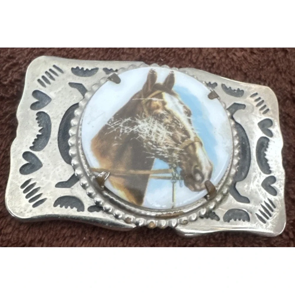 Cabochon Horse Silver Tone Alloy Belt Buckle Black Etchings Western Rodeo